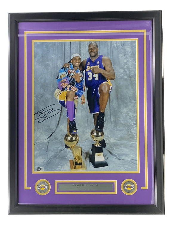 Shaquille O'Neal Signed Framed 16x20 LA Lakers Trophy Photo w/ Kobe Bryant BAS