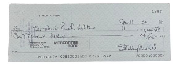 Stan Musial St. Louis Cardinals Signed Personal Bank Check #1867 BAS Sports Integrity