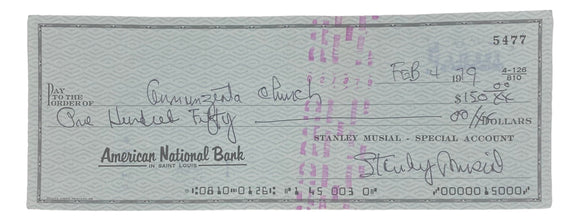 Stan Musial St. Louis Cardinals Signed Personal Bank Check #5477 BAS Sports Integrity