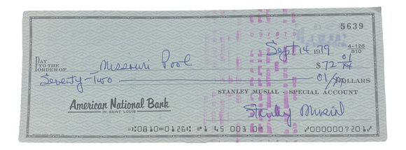 Stan Musial St. Louis Cardinals Signed Personal Bank Check #5639 BAS Sports Integrity