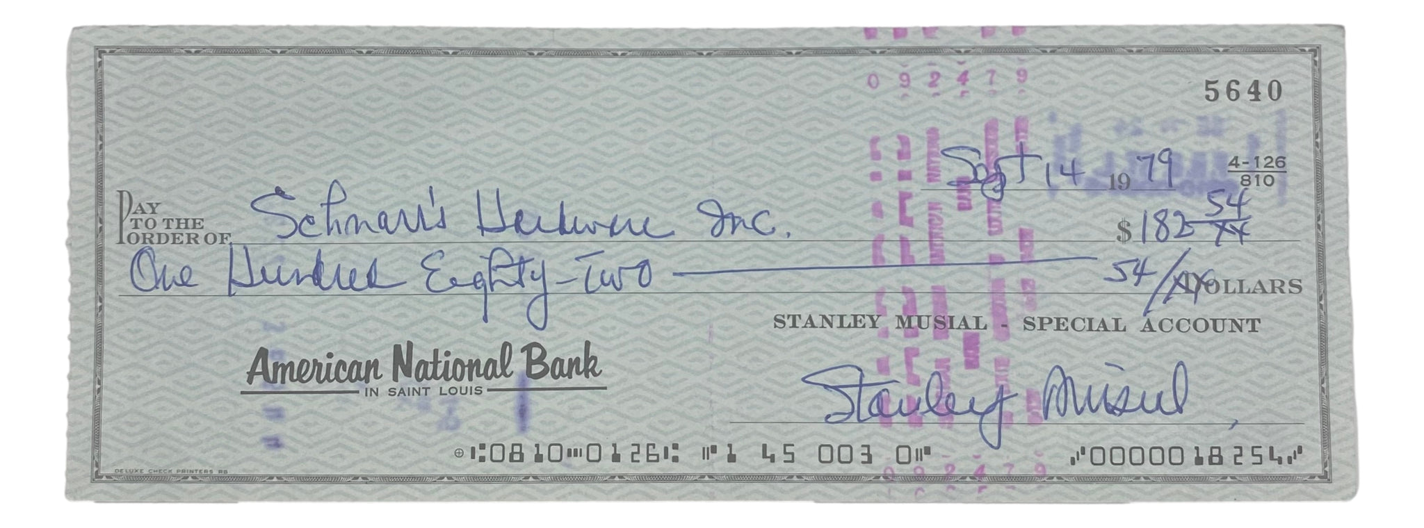Stan Musial St. Louis Cardinals Signed Personal Bank Check #5640 BAS