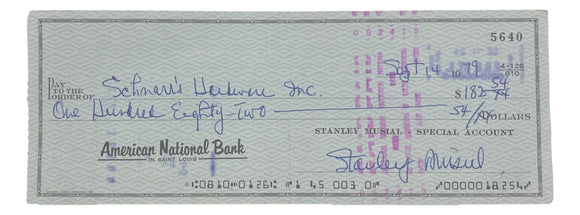 Stan Musial St. Louis Cardinals Signed Personal Bank Check #5640 BAS Sports Integrity