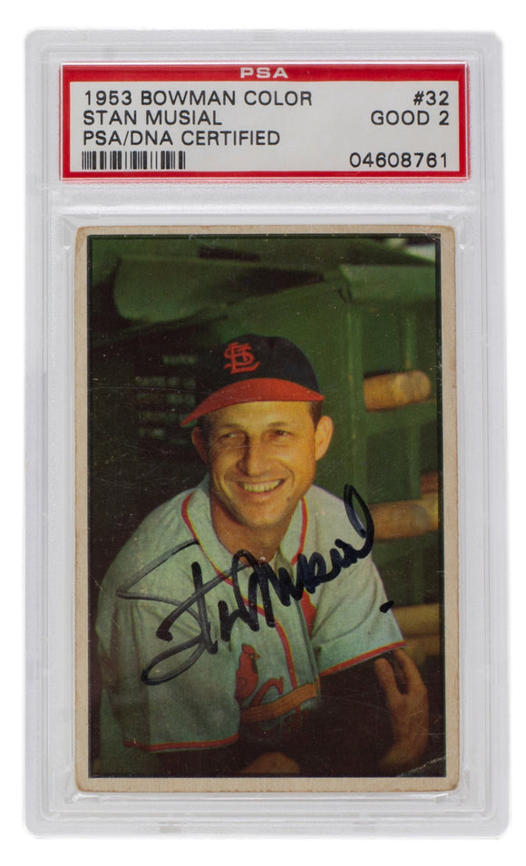 Stan Musial Signed 1953 Bowman #32 St. Louis Cardinals Baseball Card PSA Good 2