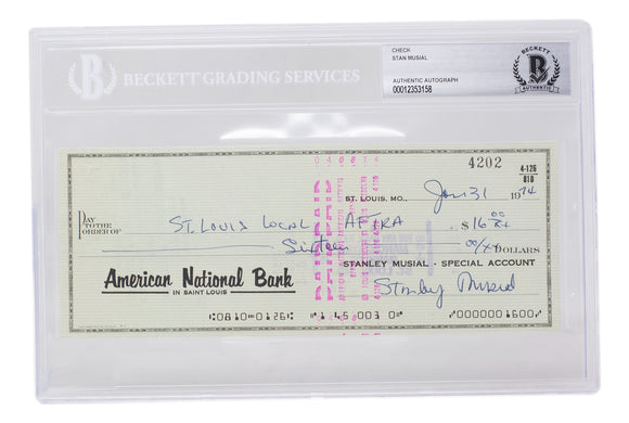 Stan Musial Signed St. Louis Cardinals Personal Bank Check #4202 BGS Sports Integrity