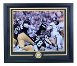 Sports Integrity Greene Holmes Greenwood White Signed 16x20 Steel Curtain Photo, framed with PSA LOA, features autographs and action from legendary Steelers in a collectible display.