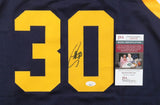 The Stephen Curry Golden State Signed Navy Blue Basketball Jersey by Sports Integrity features a large yellow 30, black marker signature, and comes with a JSA Basic Certification card for authenticity.