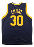 The Sports Integrity Stephen Curry Golden State signed navy blue basketball jersey features yellow trim, CURRY and 30 on the back, with the number autographed. Authenticated by JSA.