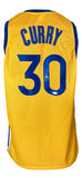 The Sports Integrity Stephen Curry Golden State Signed Yellow Basketball Jersey features blue trim, CURRY and 30 in blue on the back, with the number hand-signed in white ink.