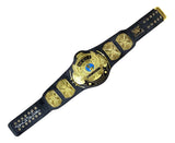 The Sports Integrity Stone Cold Steve Austin WWE Signed Full Size Replica Winged Eagle Belt features gold and black eagle and globe designs on the plates, a black leather strap, and Steve Austin’s signature.