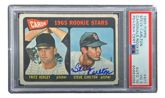 Steve Carlton Signed Cardinals 1965 Topps #477 Rookie Card PSA/DNA VG 3 Auto 10 Sports Integrity