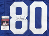 The Steve Largent Seattle Signed Blue Stat Football Jersey (HOF 95 inscribed) by Sports Integrity features his autograph on the white number 80 and comes with a JSA Basic Certification card verifying authenticity.