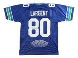 A blue Steve Largent Seattle Seahawks football jersey by Sports Integrity, signed and inscribed "HOF 95," with number 80, green and white sleeve stripes, and career stats printed below the number. JSA certified.
