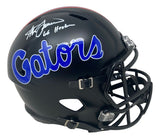 The Sports Integrity Steve Spurrier Signed Florida FS Black Speed Replica Helmet features a large blue Gators logo, black facemask and chin strap, plus a white autograph with "66 Heisman" inscription.