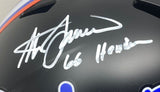 A close-up of the Sports Integrity Steve Spurrier Signed Florida FS Black Speed Replica Helmet featuring his silver autograph and "66 Heisman" inscription.