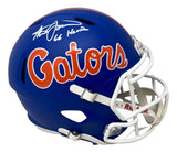 The Sports Integrity Steve Spurrier Signed Florida FS Blue Speed Replica Helmet features "Gators" in orange and white script, a white facemask, and Spurrier's autograph with “66 Heisman” on the top left side.
