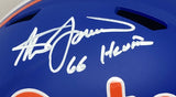 A close-up of the Sports Integrity Steve Spurrier Signed Florida FS Blue Speed Replica Helmet featuring a white "66 Heisman" inscription.