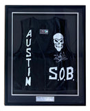 Sports Integrity Stone Cold Steve Austin Signed Framed WWE S.O.B Vest BAS features a black vest with "AUSTIN" and "S.O.B." in white, skull graphic, autograph, WWE logo, and nameplate reading Stone Cold Steve Austin.