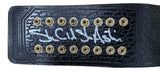 A close-up of the Stone Cold Steve Austin WWE Signed Full Size Replica Championship Belt by Sports Integrity, featuring black textured leather with two rows of gold grommets and a white signature.