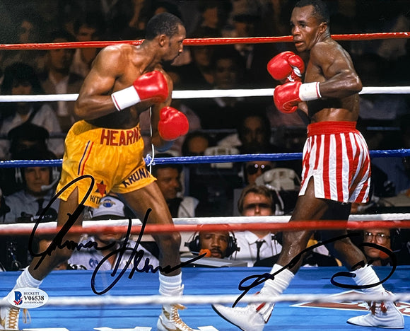 Sugar Ray Leonard Thomas Hearns Signed 8x10 Boxing Stance Photo BAS