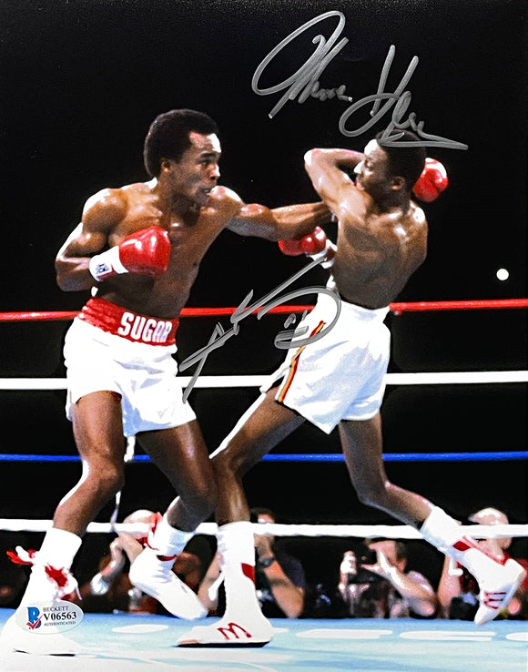 Sugar Ray Leonard Thomas Hearns Signed 8x10 Vertical Boxing Punch Photo BAS Sports Integrity