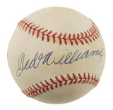 The Sports Integrity Ted Williams Red Sox Signed Official American League Baseball (JSA ZZ44383) features a white surface with red stitching and Ted Williams' signature in blue ink.