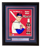 Sports Integrity’s Ted Williams Signed Framed 11x13 Red Sox Vintage Moxie Soda Metal Sign features a classic ad with Williams holding a bat, “Ted Williams says... Make Mine Moxie” text, his signature, and a Moxie bottle. BAS LOA included.