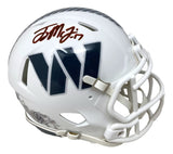 A Terry McLaurin Signed Washington Commanders Salute to Service Mini Speed Helmet by Sports Integrity, featuring a white shell, large blue W logo on the side, brown autograph on top, white facemask, and grey detailing.