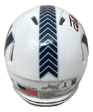 The Sports Integrity Terry McLaurin Signed Washington Commanders Salute to Service Mini Speed Helmet features a red autograph, navy chevron stripes, an American flag sticker, and a QR code on the back.