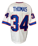 A Thurman Thomas Buffalo 1991 MVP white football jersey by Sports Integrity, featuring blue and red trim, THOMAS and 34 on the back/sleeves, and a signed number 34.