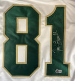 The Sports Integrity Tim Brown Notre Dame Signed White Football Jersey features large green and gold outlined number 81, a silver autograph on the number 1, and a small authentication sticker below the signature.