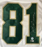 The Sports Integrity Tim Brown Notre Dame Signed White Football Jersey Heisman 87 BAS features a bold green and gold number 81 with an autograph and authentication stickers on the number 1.