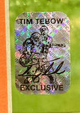 A Sports Integrity Tim Tebow Signed Framed 11x14 Florida Gators Kneel Photo featuring a Tebow hologram, with his signature and image in uniform on a shiny, patterned background.