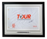 Sports Integrity Tommy Fleetwood Signed Framed 2023 PGA Tour Championship Golf Flag, featuring his autograph, golfer silhouette logo, EL TC initials, and a plaque with his name, displayed on a layered gray and white mat.