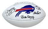 The Sports Integrity Jim Kelly Thomas Reed Signed Buffalo Bills Logo Football features bold blue and red team branding, with visible black signatures and the phrase "Bills Dynasty" on the ball.