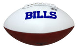 A white and brown Sports Integrity football with white laces, featuring "BILLS" in bold blue letters and signed by Jim Kelly and Thomas Reed, representing the Buffalo Bills Dynasty.
