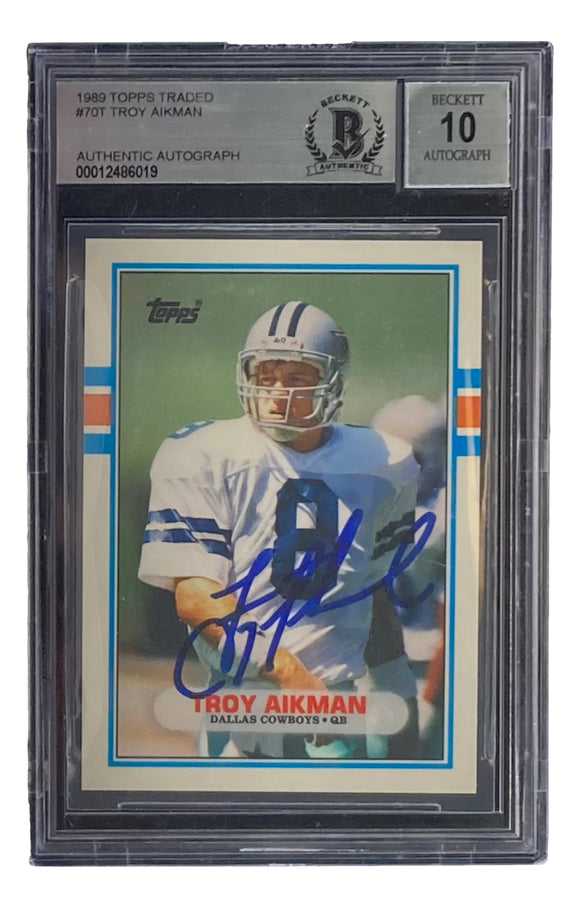 Troy Aikman Signed Dallas Cowboys 1989 Topps #70T Rookie Card BAS Auto 10 Sports Integrity