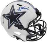 The Sports Integrity Troy Aikman Signed Dallas Cowboys FS Lunar Eclipse Speed Replica Helmet BAS is a white helmet with a large black star logo and Troy Aikman's blue autograph above the logo.