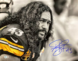 A mostly black and white 16x20 photo of Troy Polamalu in his #43 Steelers jersey with yellow accents, signed in blue, is shown. This Sports Integrity item is authenticated by BAS ITP.