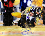 This Sports Integrity Troy Polamalu Signed 16x20 Steelers Sack vs Ravens photo (BAS ITP) shows Polamalu tackling a Ravens player, signed in blue ink at the bottom.
