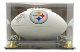 Troy Polamalu Signed Pittsburgh Steelers Logo Football by Sports Integrity, autographed in black and displayed in a clear case with black base and gold supports; BAS authenticated.