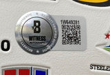 A silver Beckett Witness Autograph sticker with QR code 1W649281 is attached to a Troy Polamalu Signed Pittsburgh Steelers Logo Football from Sports Integrity, displayed on a white surface with colorful logos.