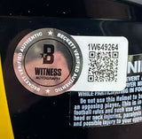 A Beckett Verified Authentic sticker with QR code and the code 1W649264 is on a glossy black and yellow Troy Polamalu Signed Pittsburgh Steelers Mini Speed Helmet by Sports Integrity, displayed with case.