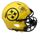 A Troy Polamalu-signed Pittsburgh Steelers FS Rave Speed Replica Helmet by Sports Integrity, featuring a yellow shell, black logo and facemask, with his autograph and number 97 in black marker.