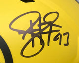 A Troy Polamalu autograph with the number 43 in marker on a yellow Pittsburgh Steelers FS Rave Speed Replica Helmet by Sports Integrity.