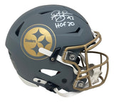 A Troy Polamalu-signed Steelers FS Authentic Slate Speed Flex Helmet by Sports Integrity, featuring a white “#43 HOF 20” autograph and gold logo and faceguard.