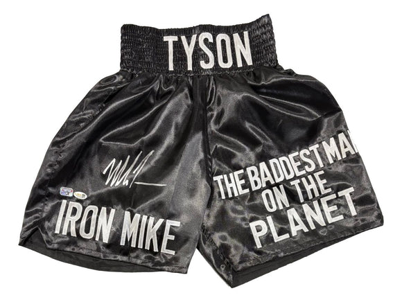 Mike Tyson Signed Custom Black Baddest Man Boxing Trunks JSA QR Hologram