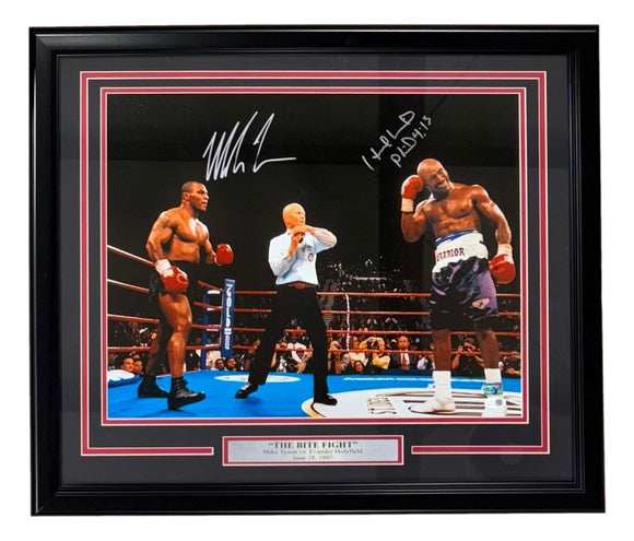 Mike Tyson Evander Holyfield Signed Frame 16x20 Bite Fight Photo JSA QR Hologram