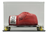 The Sports Integrity Mike Tyson Signed Red Everlast Right Hand Boxing Glove with JSA QR Hologram is displayed in a clear case with gold corner mounts.