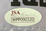 This Mike Tyson Signed Red Right Hand Everlast Boxing Glove Shadowbox by Sports Integrity includes an oval JSA authentication sticker featuring red text, a signature graphic, and the code WPP090320 in black within a white oval and red border.