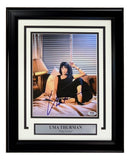 Sports Integrity Uma Thurman Signed Framed 8x10 Pulp Fiction Photo features her as Mia Wallace, sitting on a bed in a black dress. The display includes a plaque and PSA/DNA hologram for authenticity.